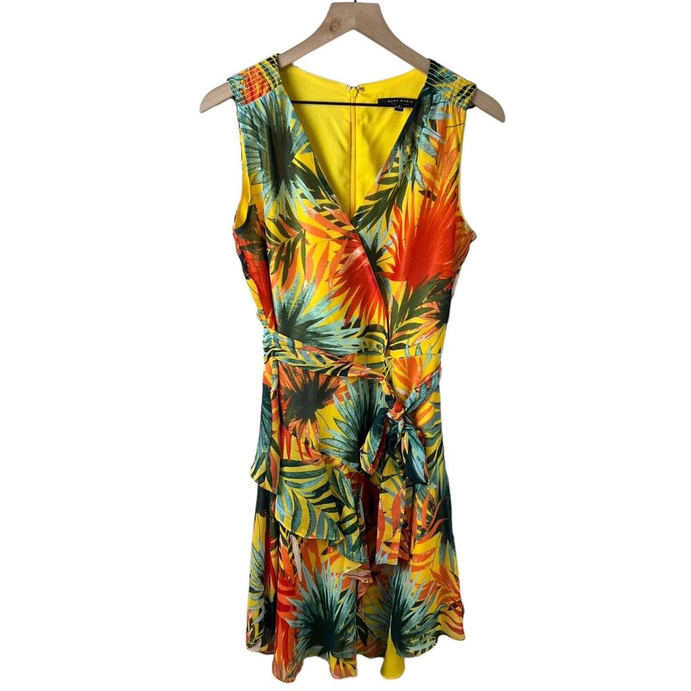 Alex Marie Women Tropical Print Sleeveless V Neck Belted Ruffled Chiffon Dress 8
